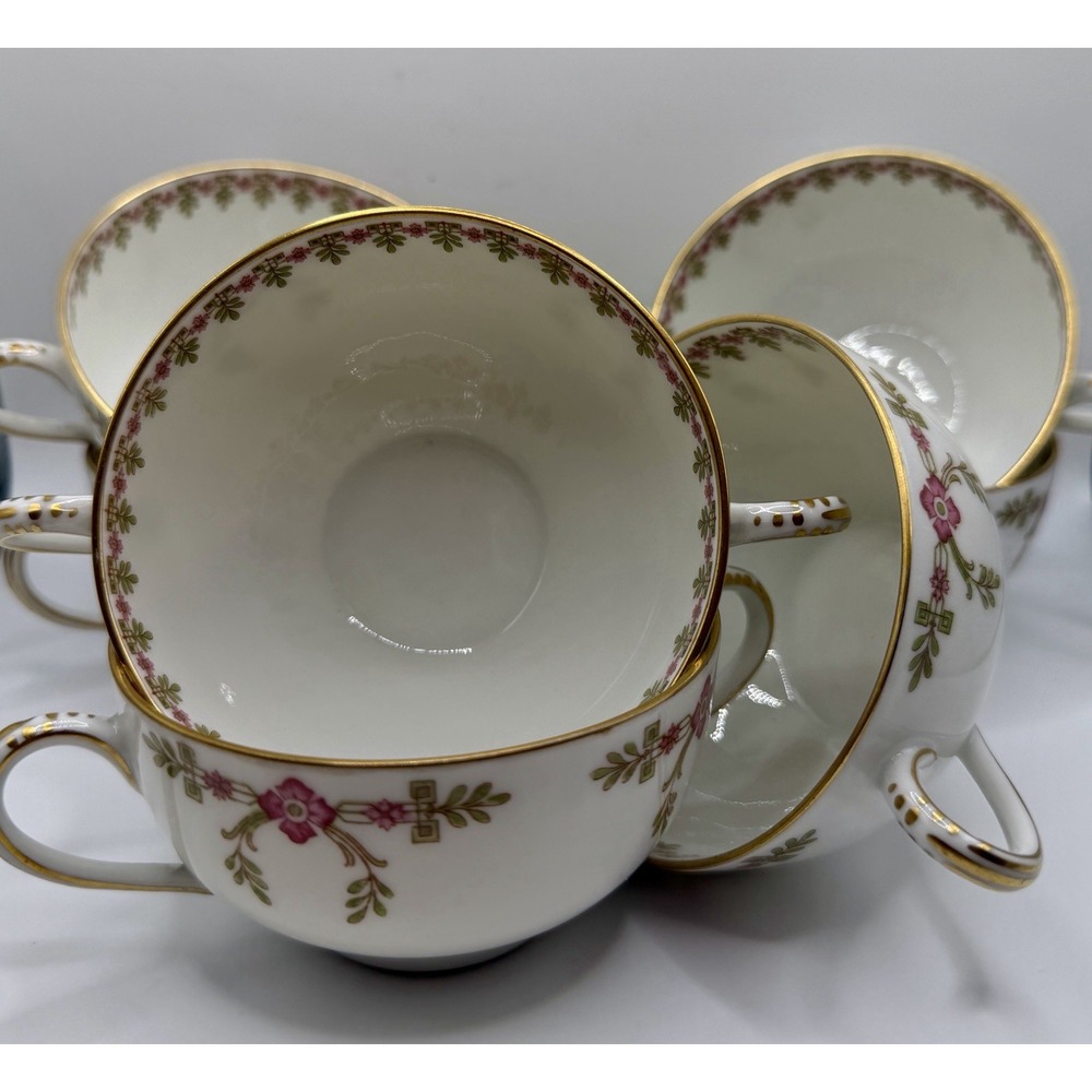Antique Haviland Limoges Bouillon Cups/Bowls w/Set of 7 with Pink Green & Gold